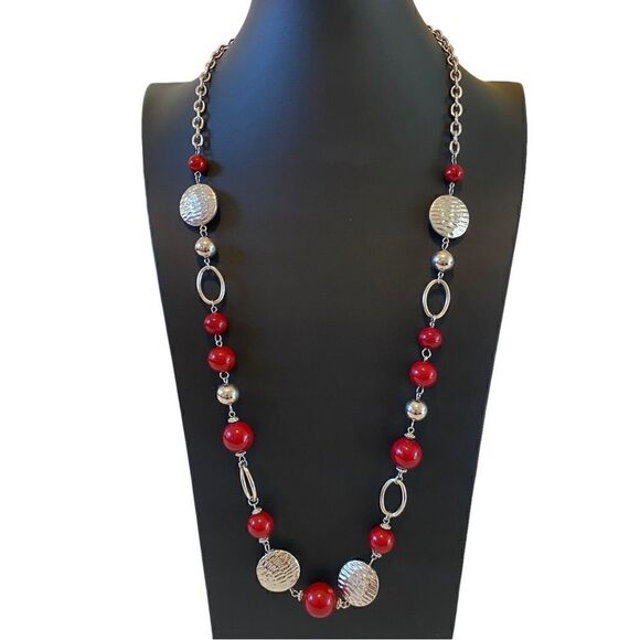 Stylish Silver & Red Beaded Long Statement Necklace. - Picture 1 of 6